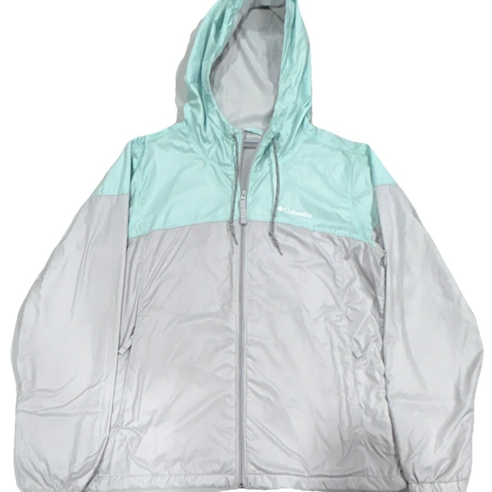 Columbia Women's Hooded Windbreaker Jacket Gray Mint Colorblock Fleece Lined M